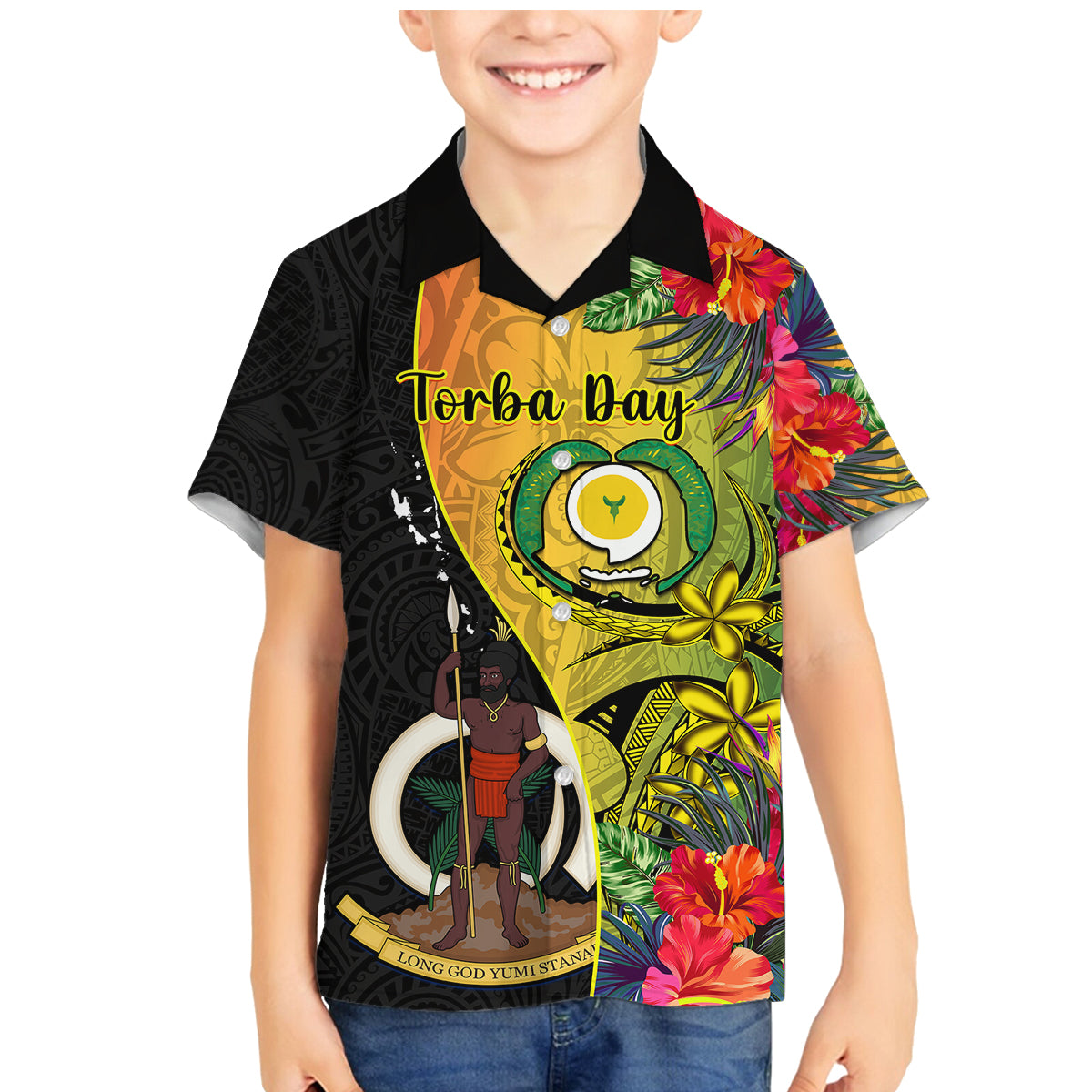 personalised-vanuatu-torba-day-family-matching-mermaid-dress-and-hawaiian-shirt-coat-of-arms-mix-tropical-flowers