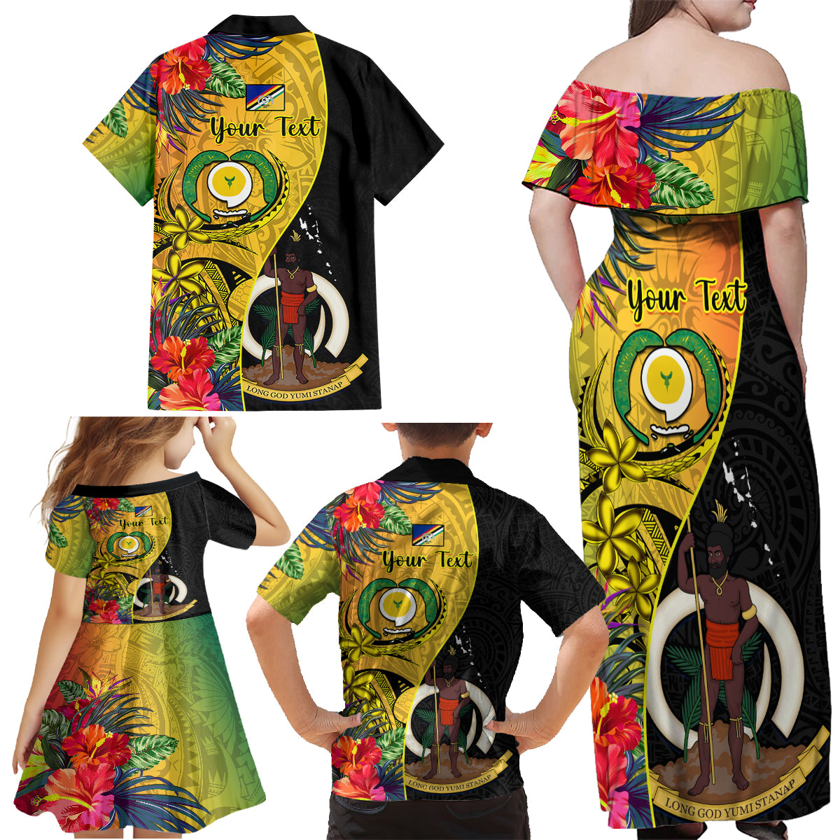 personalised-vanuatu-torba-day-family-matching-off-shoulder-maxi-dress-and-hawaiian-shirt-coat-of-arms-mix-tropical-flowers