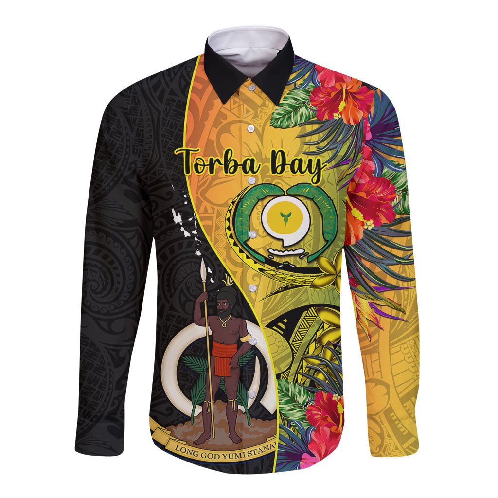 personalised-vanuatu-torba-day-long-sleeve-button-shirt-coat-of-arms-mix-tropical-flowers