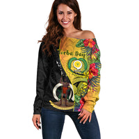 personalised-vanuatu-torba-day-off-shoulder-sweater-coat-of-arms-mix-tropical-flowers