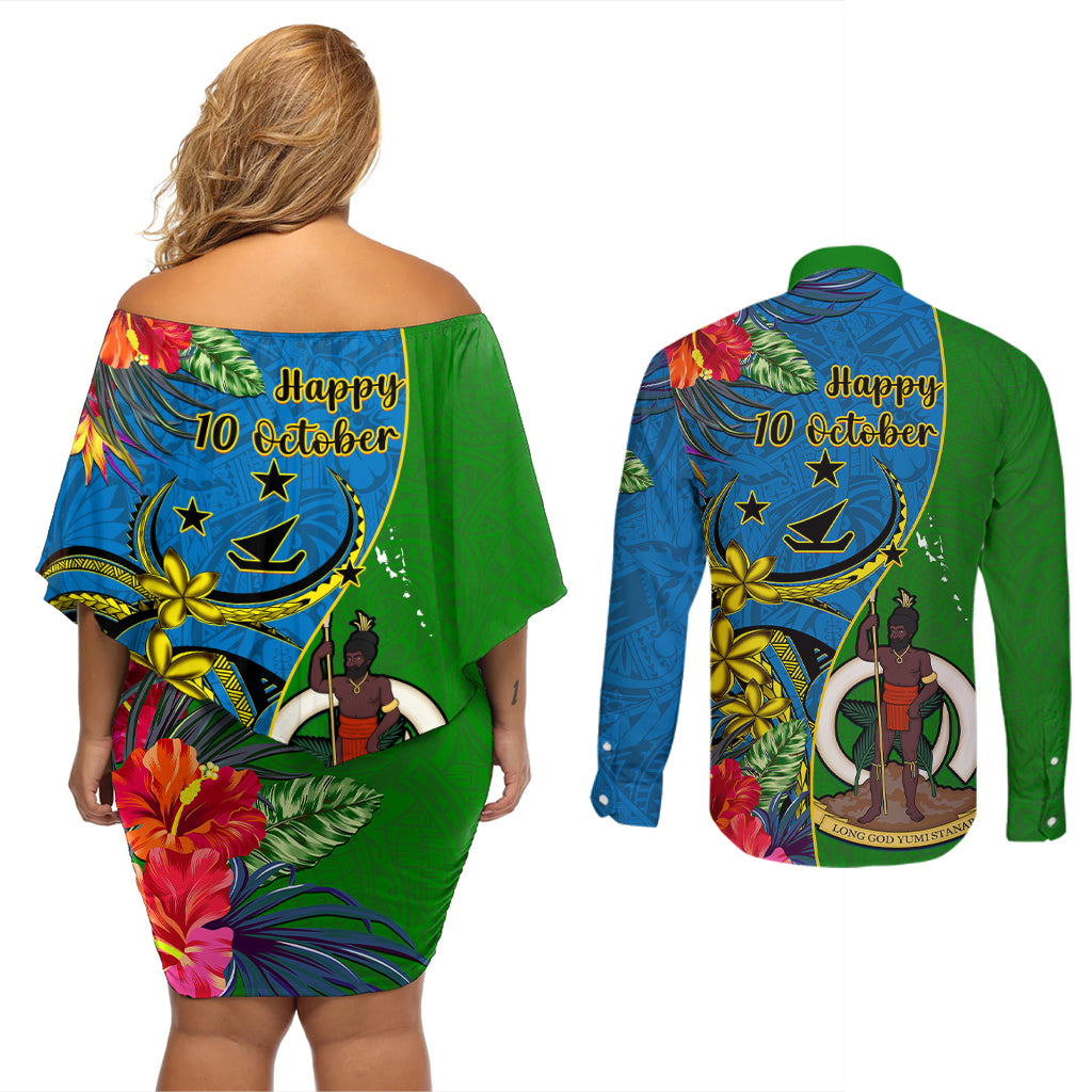 vanuatu-malampa-day-couples-matching-off-shoulder-short-dress-and-long-sleeve-button-shirts-coat-of-arms-mix-tropical-flowers
