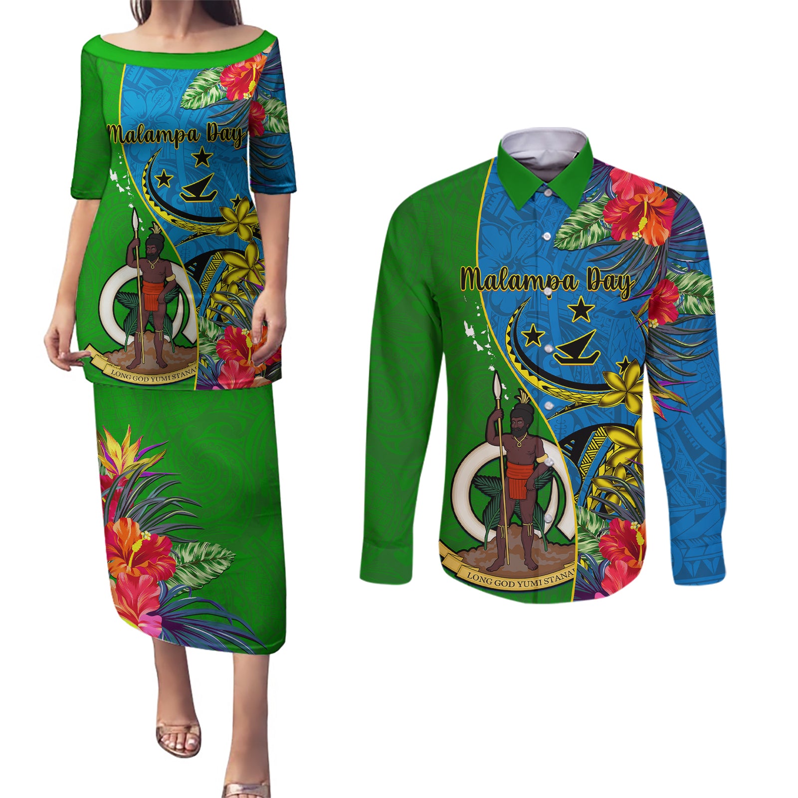 vanuatu-malampa-day-couples-matching-puletasi-dress-and-long-sleeve-button-shirts-coat-of-arms-mix-tropical-flowers