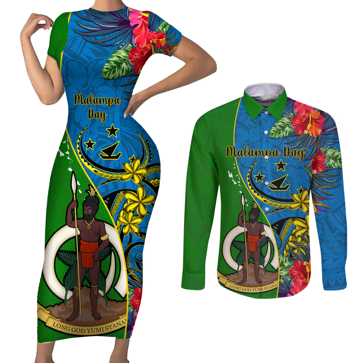 vanuatu-malampa-day-couples-matching-short-sleeve-bodycon-dress-and-long-sleeve-button-shirts-coat-of-arms-mix-tropical-flowers