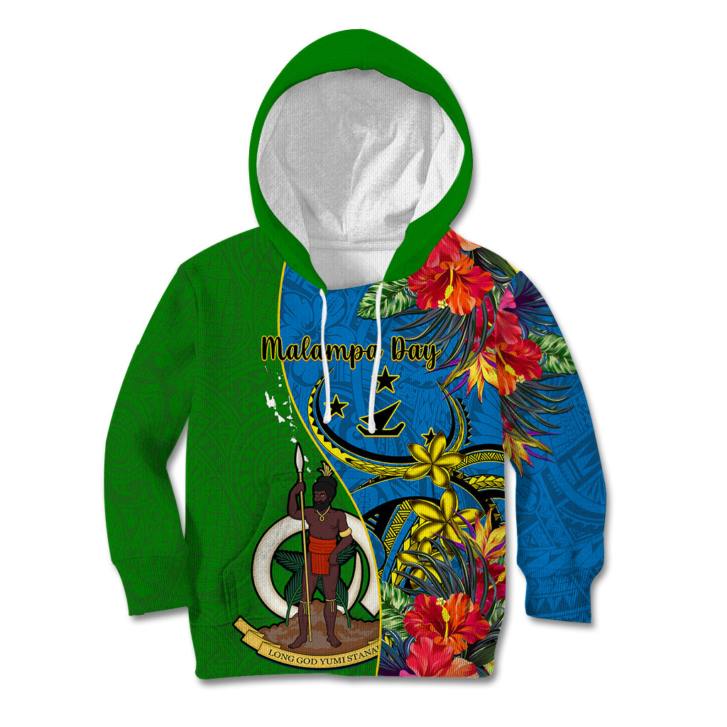 Vanuatu Malampa Day Kid Hoodie Coat Of Arms Mix Tropical Flowers LT14 Hoodie Green - Polynesian Pride