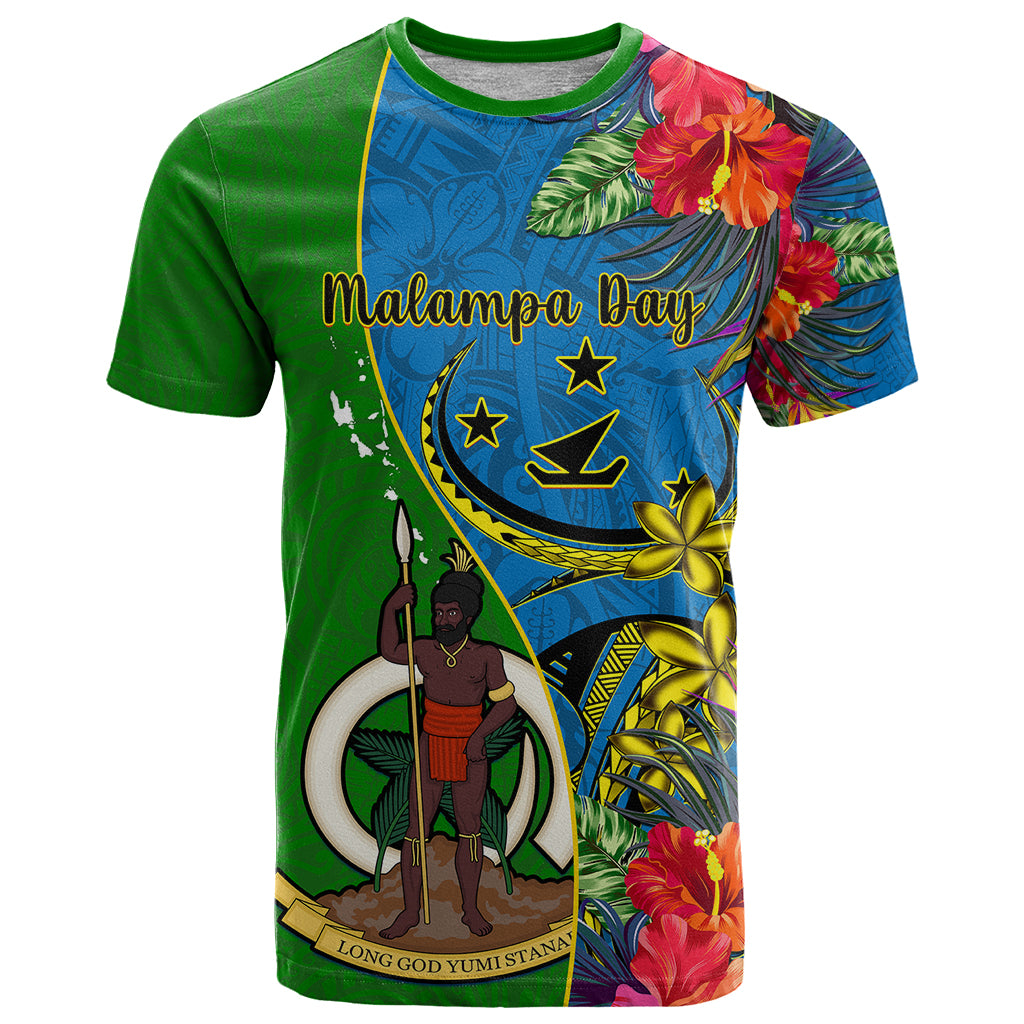 Vanuatu Malampa Day T Shirt Coat Of Arms Mix Tropical Flowers LT14 Green - Polynesian Pride