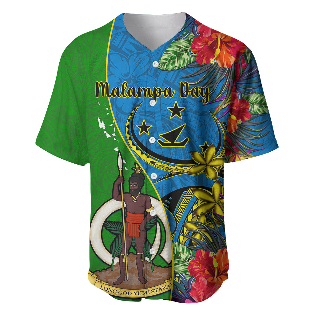 Personalised Vanuatu Malampa Day Baseball Jersey Coat Of Arms Mix Tropical Flowers LT14 Green - Polynesian Pride