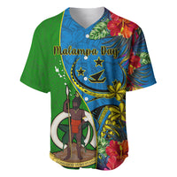 Personalised Vanuatu Malampa Day Baseball Jersey Coat Of Arms Mix Tropical Flowers LT14 Green - Polynesian Pride