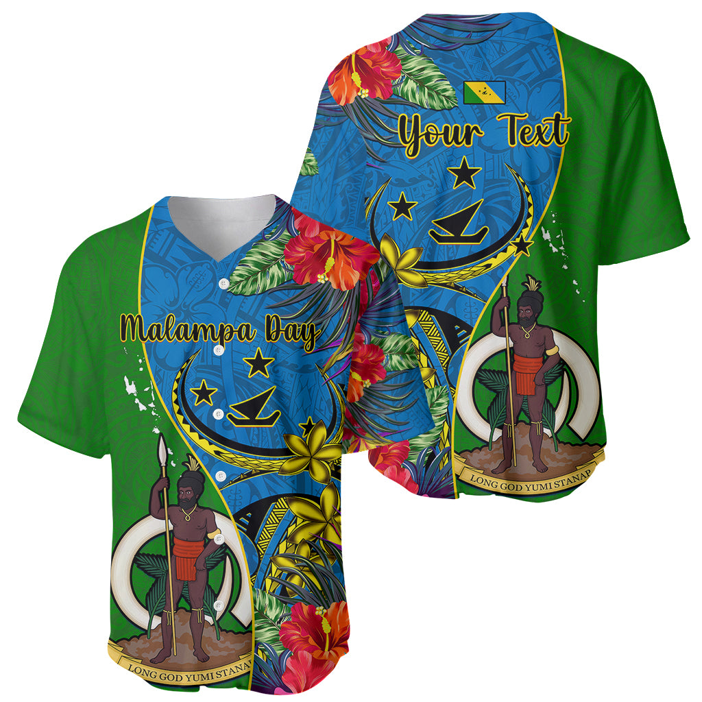 Personalised Vanuatu Malampa Day Baseball Jersey Coat Of Arms Mix Tropical Flowers LT14 - Polynesian Pride