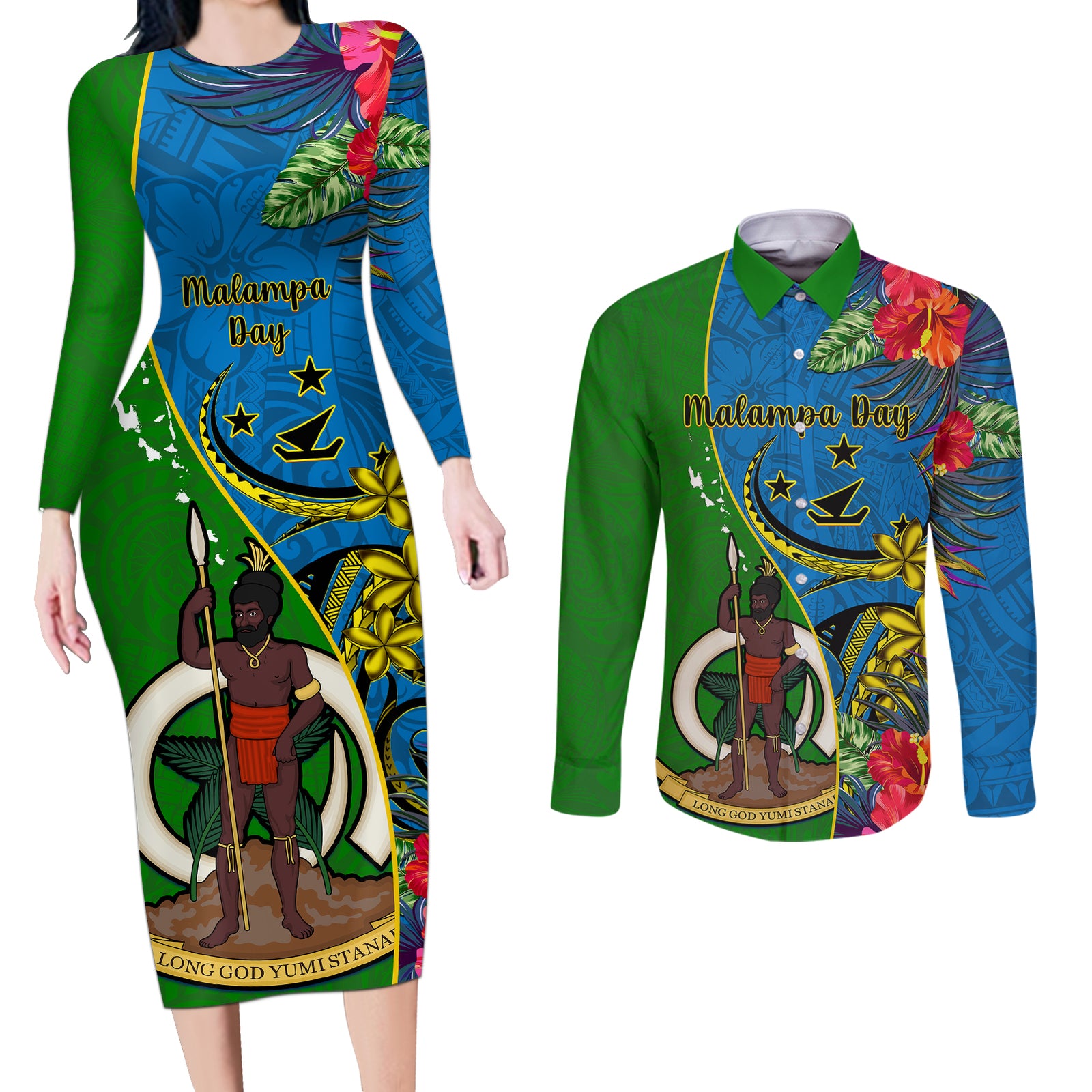 personalised-vanuatu-malampa-day-couples-matching-long-sleeve-bodycon-dress-and-long-sleeve-button-shirts-coat-of-arms-mix-tropical-flowers