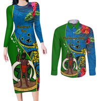 personalised-vanuatu-malampa-day-couples-matching-long-sleeve-bodycon-dress-and-long-sleeve-button-shirts-coat-of-arms-mix-tropical-flowers