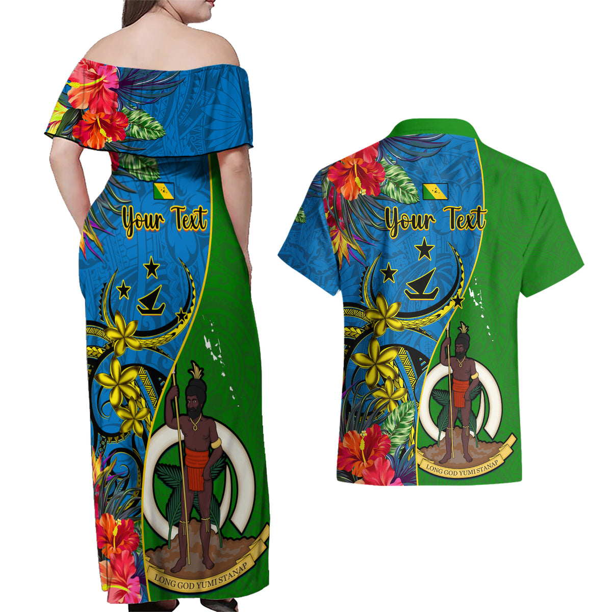 personalised-vanuatu-malampa-day-couples-matching-off-shoulder-maxi-dress-and-hawaiian-shirt-coat-of-arms-mix-tropical-flowers