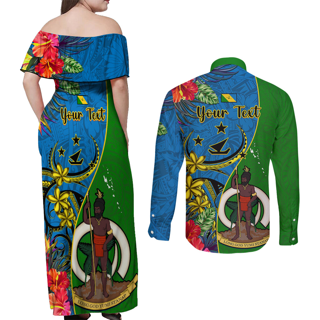 personalised-vanuatu-malampa-day-couples-matching-off-shoulder-maxi-dress-and-long-sleeve-button-shirts-coat-of-arms-mix-tropical-flowers