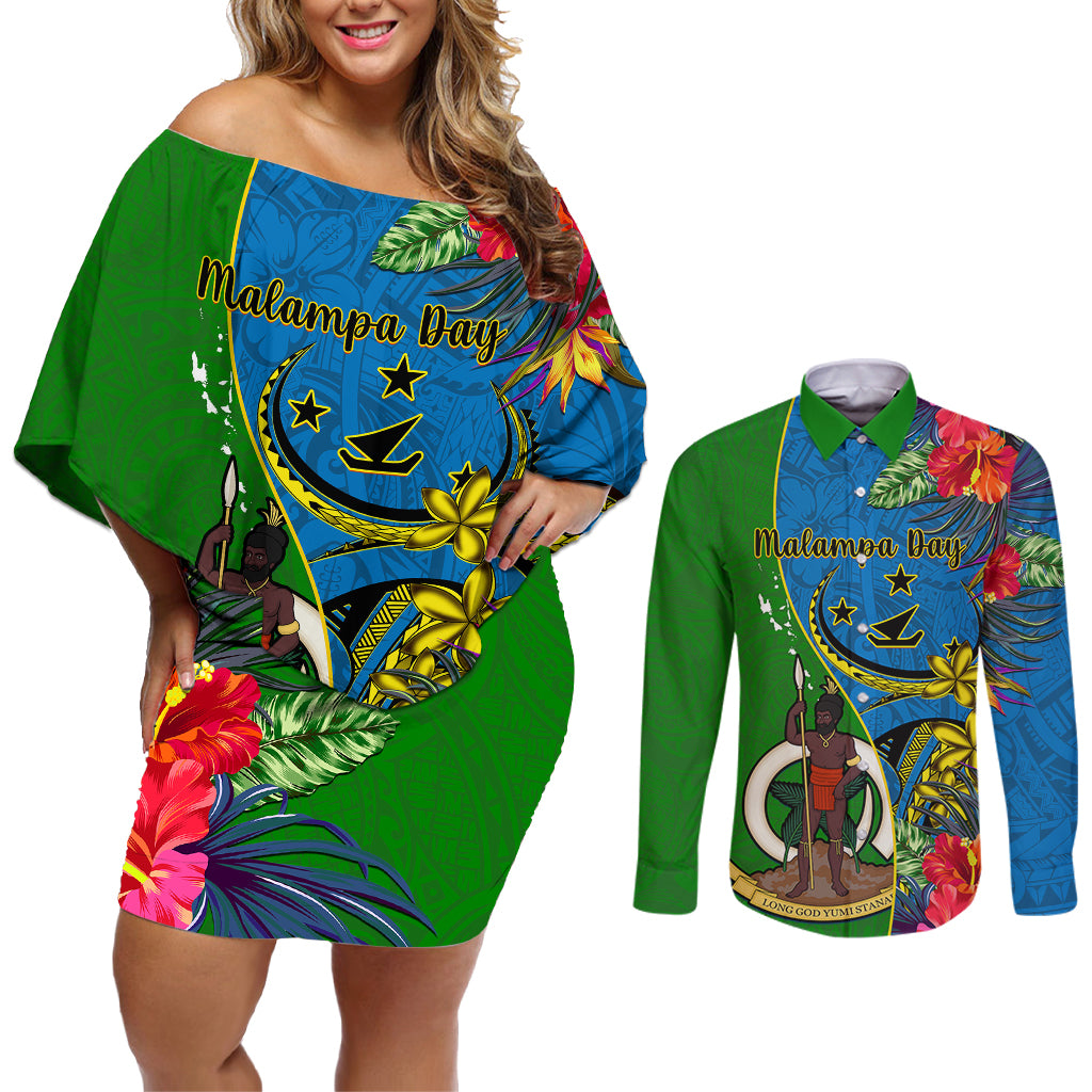 personalised-vanuatu-malampa-day-couples-matching-off-shoulder-short-dress-and-long-sleeve-button-shirts-coat-of-arms-mix-tropical-flowers