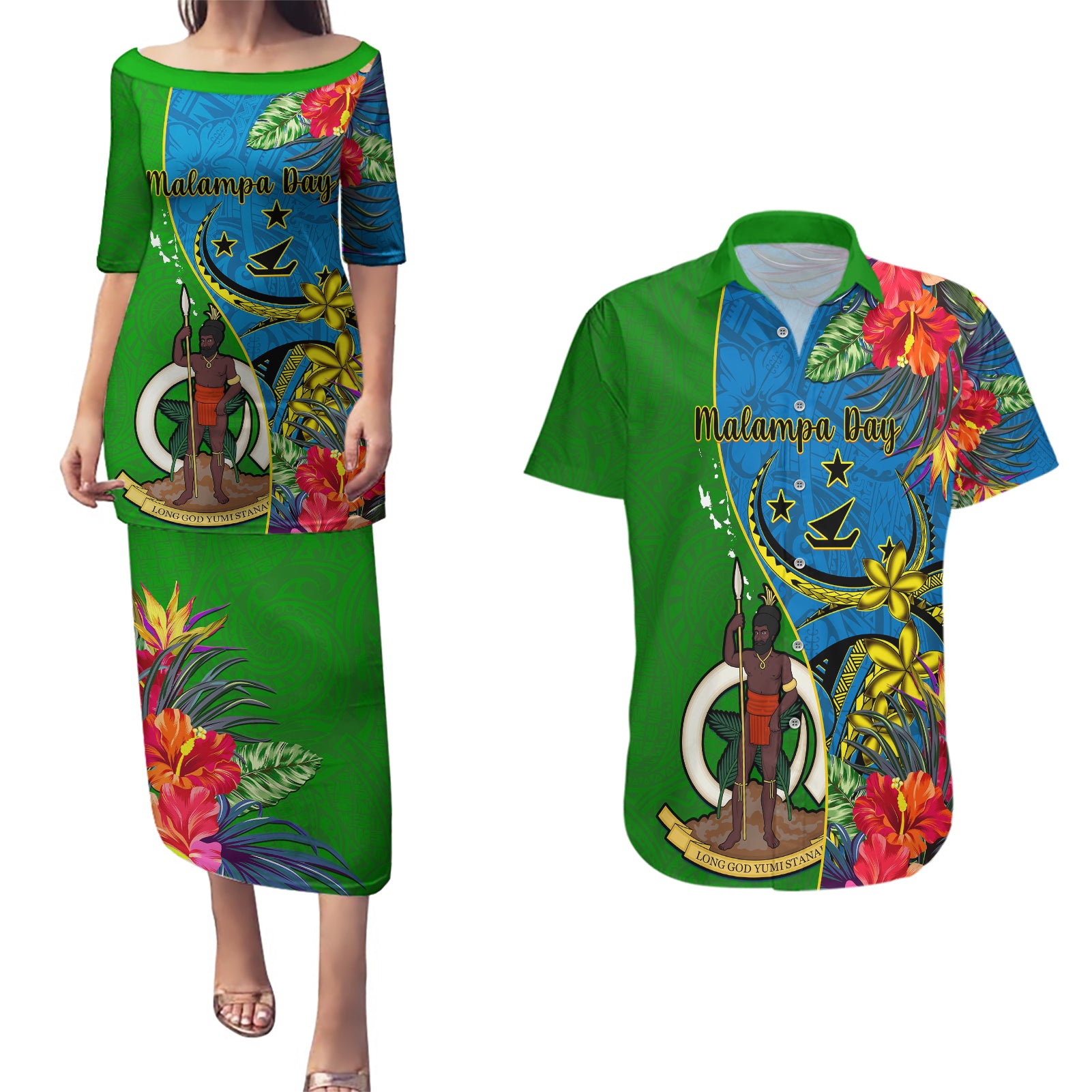 personalised-vanuatu-malampa-day-couples-matching-puletasi-dress-and-hawaiian-shirt-coat-of-arms-mix-tropical-flowers