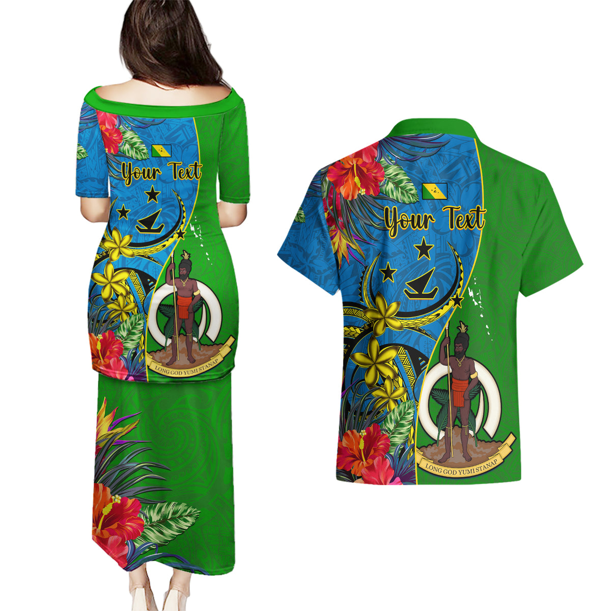 personalised-vanuatu-malampa-day-couples-matching-puletasi-dress-and-hawaiian-shirt-coat-of-arms-mix-tropical-flowers
