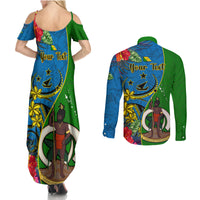personalised-vanuatu-malampa-day-couples-matching-summer-maxi-dress-and-long-sleeve-button-shirts-coat-of-arms-mix-tropical-flowers