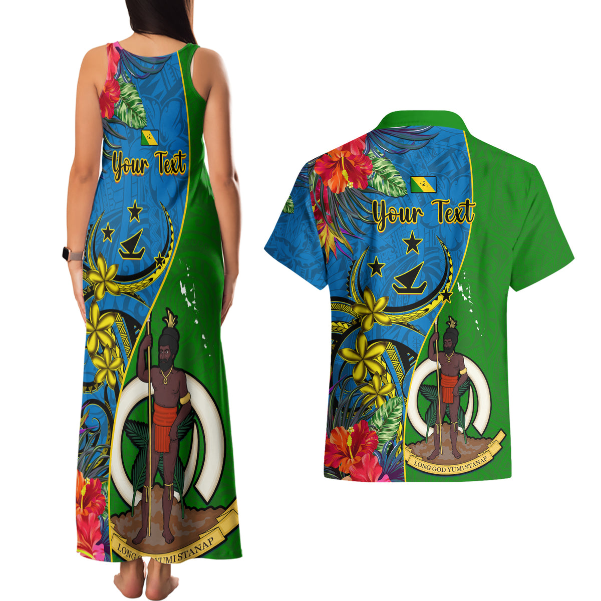 personalised-vanuatu-malampa-day-couples-matching-tank-maxi-dress-and-hawaiian-shirt-coat-of-arms-mix-tropical-flowers