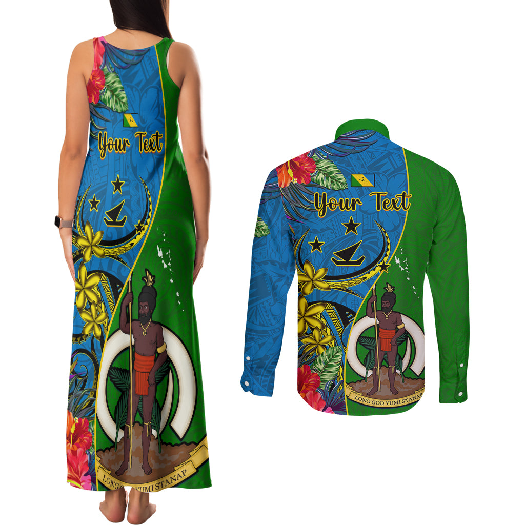 personalised-vanuatu-malampa-day-couples-matching-tank-maxi-dress-and-long-sleeve-button-shirts-coat-of-arms-mix-tropical-flowers