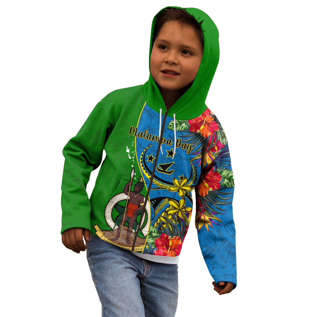 Personalised Vanuatu Malampa Day Kid Hoodie Coat Of Arms Mix Tropical Flowers LT14 - Polynesian Pride