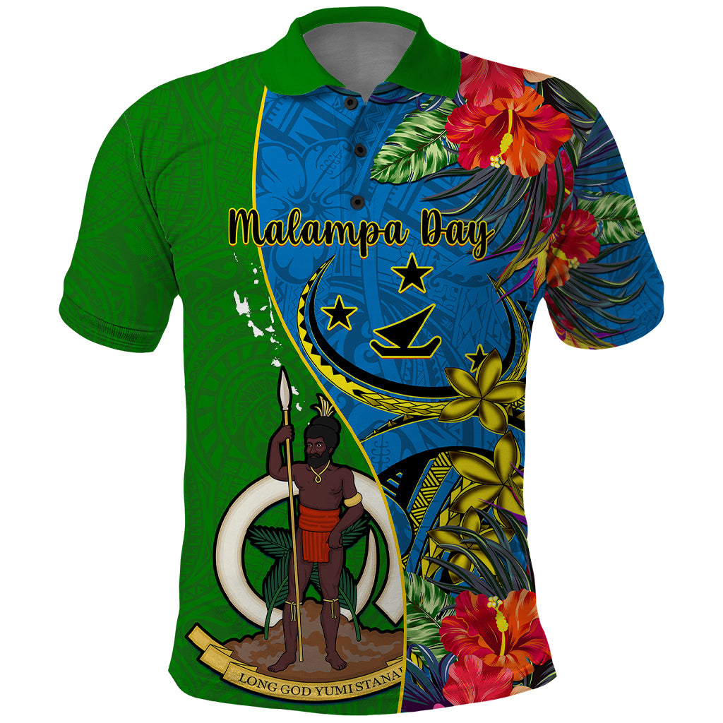 Personalised Vanuatu Malampa Day Polo Shirt Coat Of Arms Mix Tropical Flowers LT14 Green - Polynesian Pride