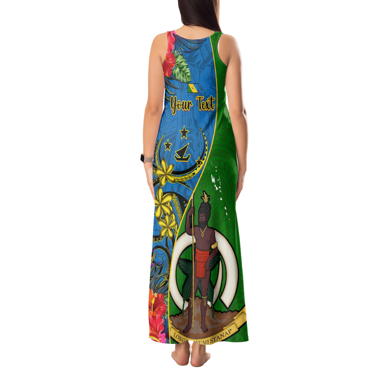 personalised-vanuatu-malampa-day-tank-maxi-dress-coat-of-arms-mix-tropical-flowers