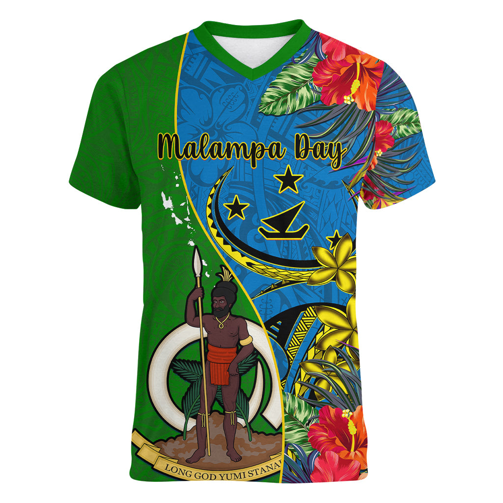 personalised-vanuatu-malampa-day-women-v-neck-t-shirt-coat-of-arms-mix-tropical-flowers