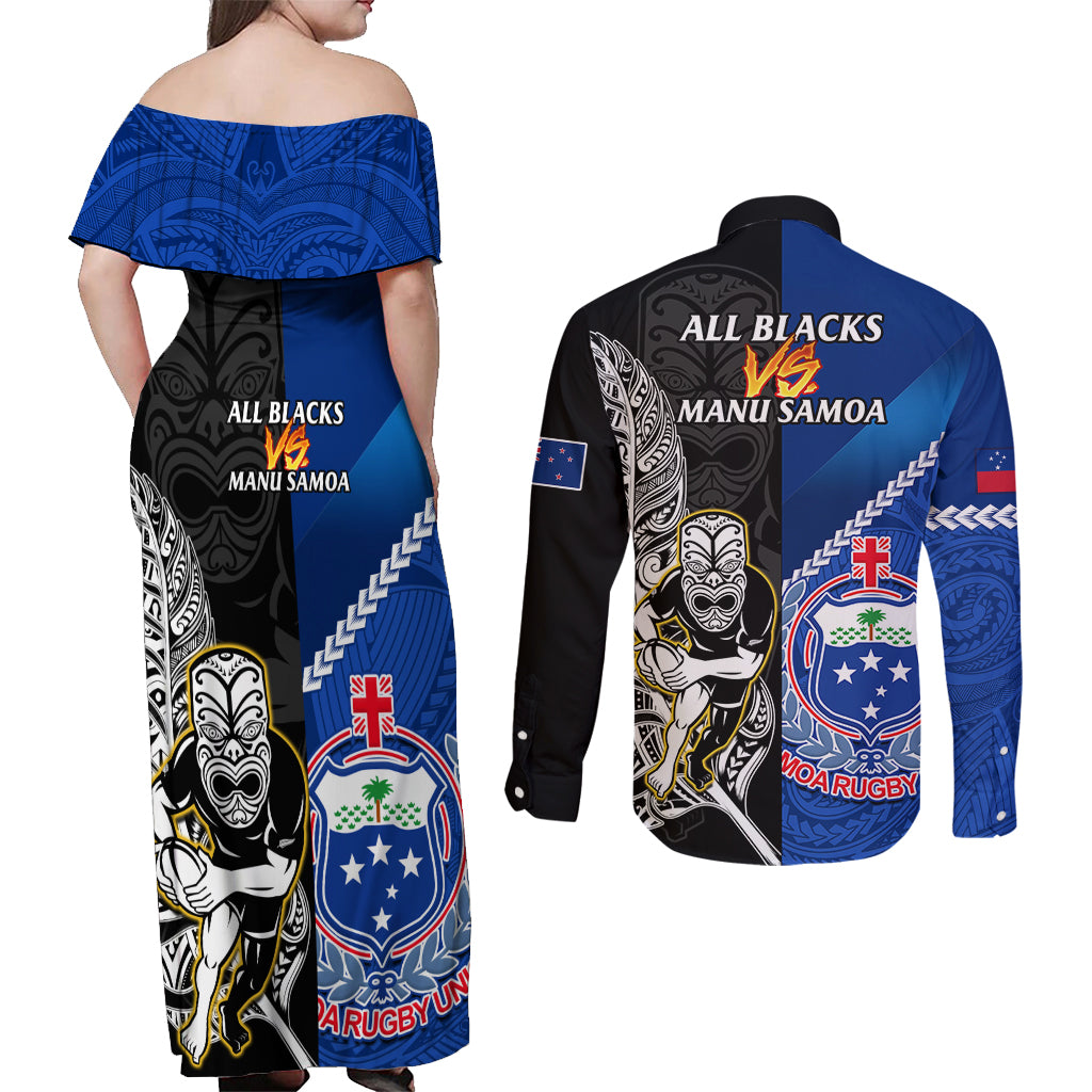 new-zealand-and-samoa-rugby-couples-matching-off-shoulder-maxi-dress-and-long-sleeve-button-shirts-all-black-tiki-fern-mix-manu-samoa-2023-world-cup