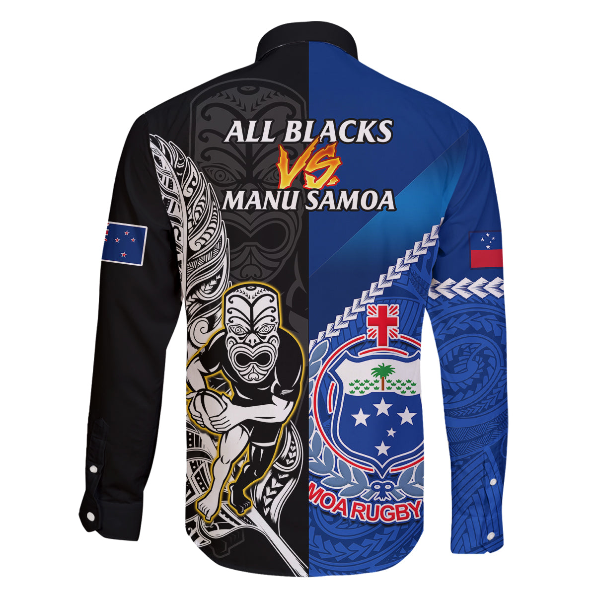 new-zealand-and-samoa-rugby-family-matching-long-sleeve-bodycon-dress-and-hawaiian-shirt-all-black-tiki-fern-mix-manu-samoa-2023-world-cup