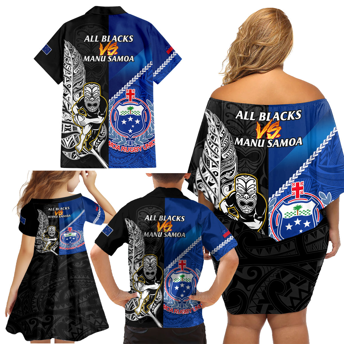 new-zealand-and-samoa-rugby-family-matching-off-shoulder-short-dress-and-hawaiian-shirt-all-black-tiki-fern-mix-manu-samoa-2023-world-cup