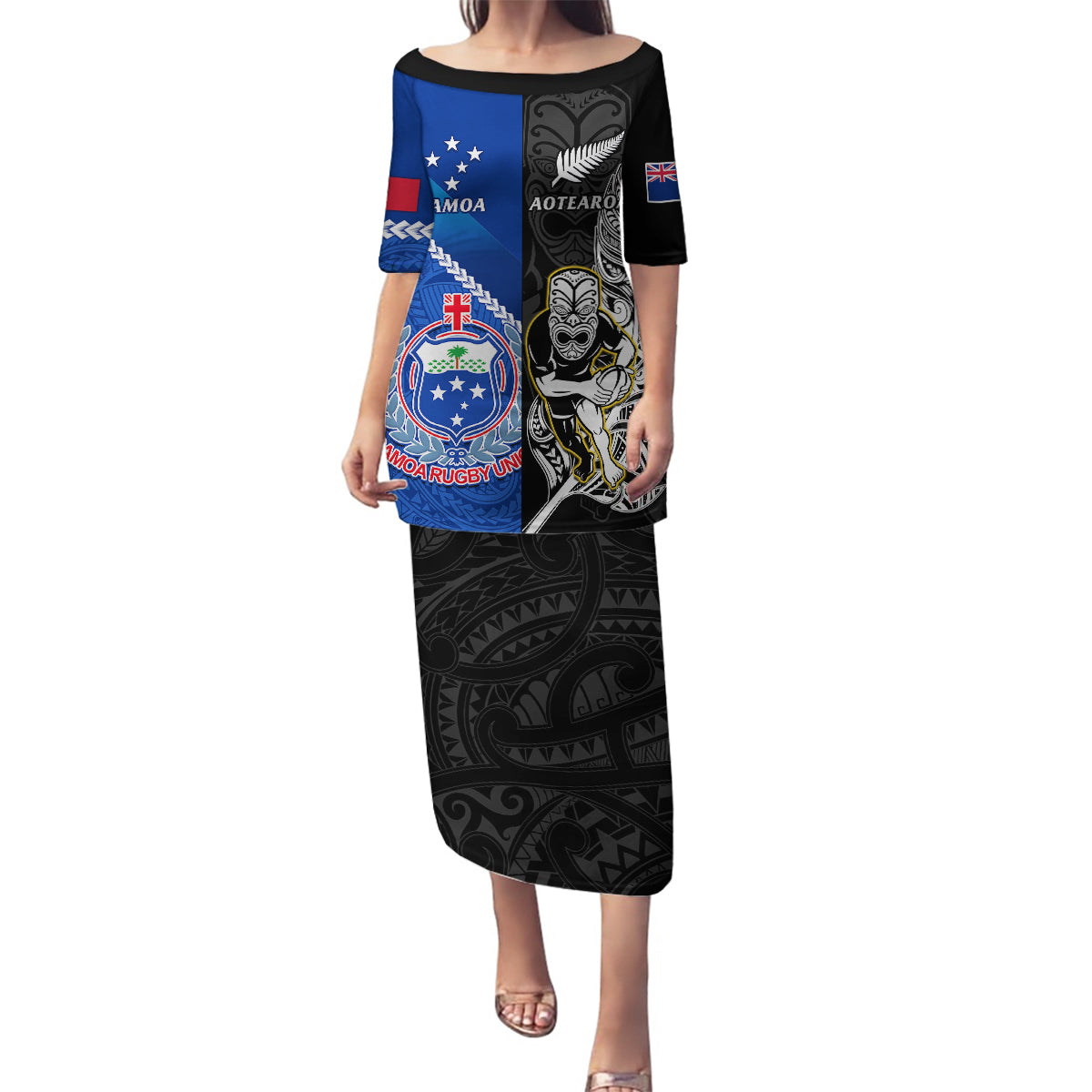 New Zealand And Samoa Rugby Family Matching Puletasi Dress and Hawaiian Shirt All Black Tiki Fern Mix Manu Samoa 2023 World Cup LT14 Mom's Dress Black - Polynesian Pride