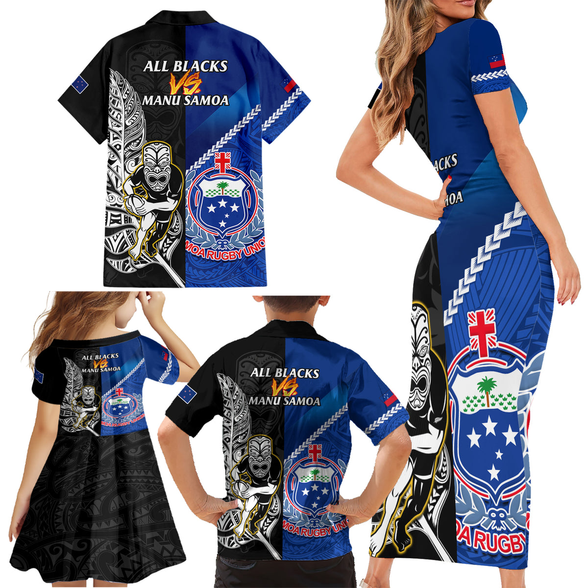 new-zealand-and-samoa-rugby-family-matching-short-sleeve-bodycon-dress-and-hawaiian-shirt-all-black-tiki-fern-mix-manu-samoa-2023-world-cup