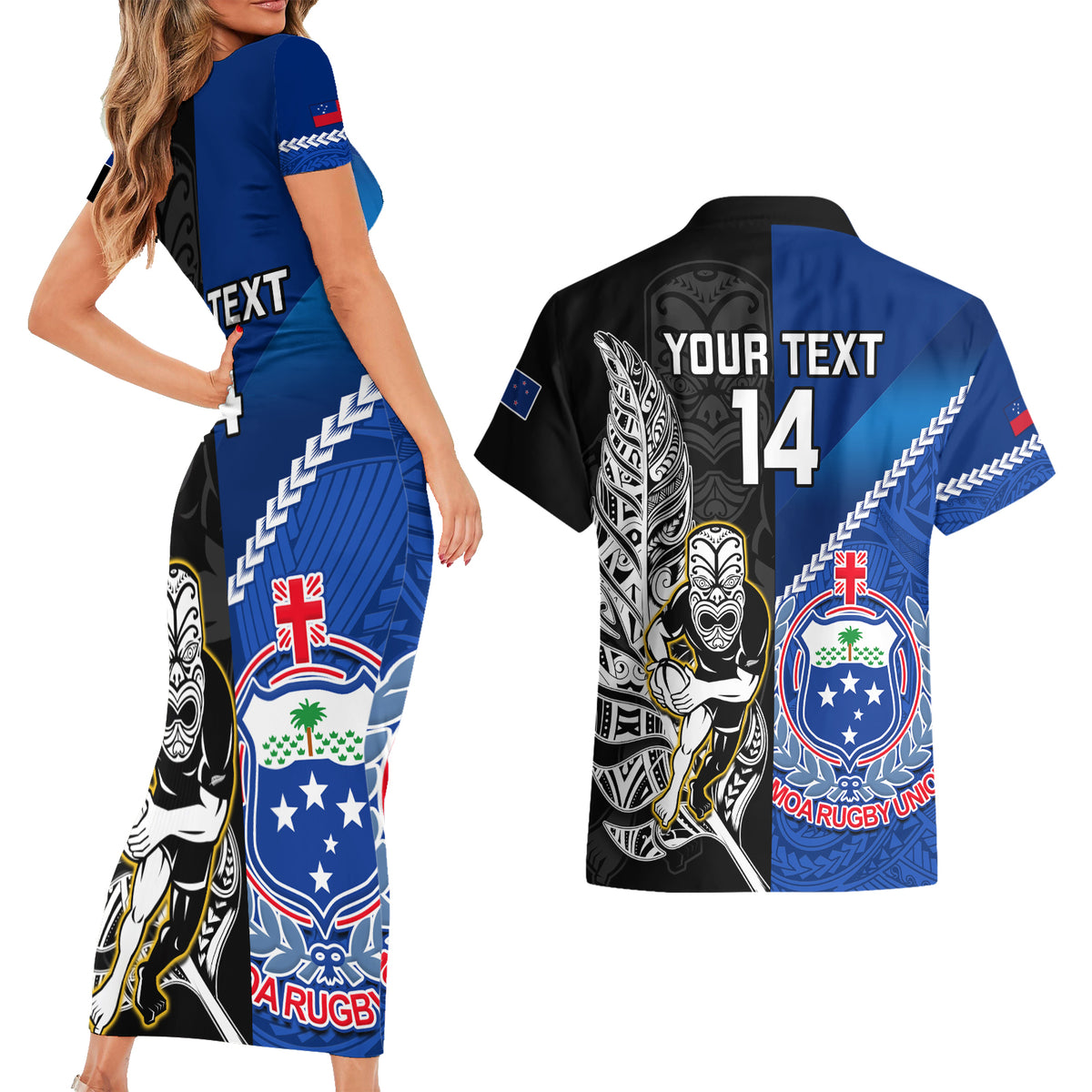 custom-new-zealand-and-samoa-rugby-couples-matching-short-sleeve-bodycon-dress-and-hawaiian-shirt-all-black-tiki-fern-mix-manu-samoa-2023-world-cup