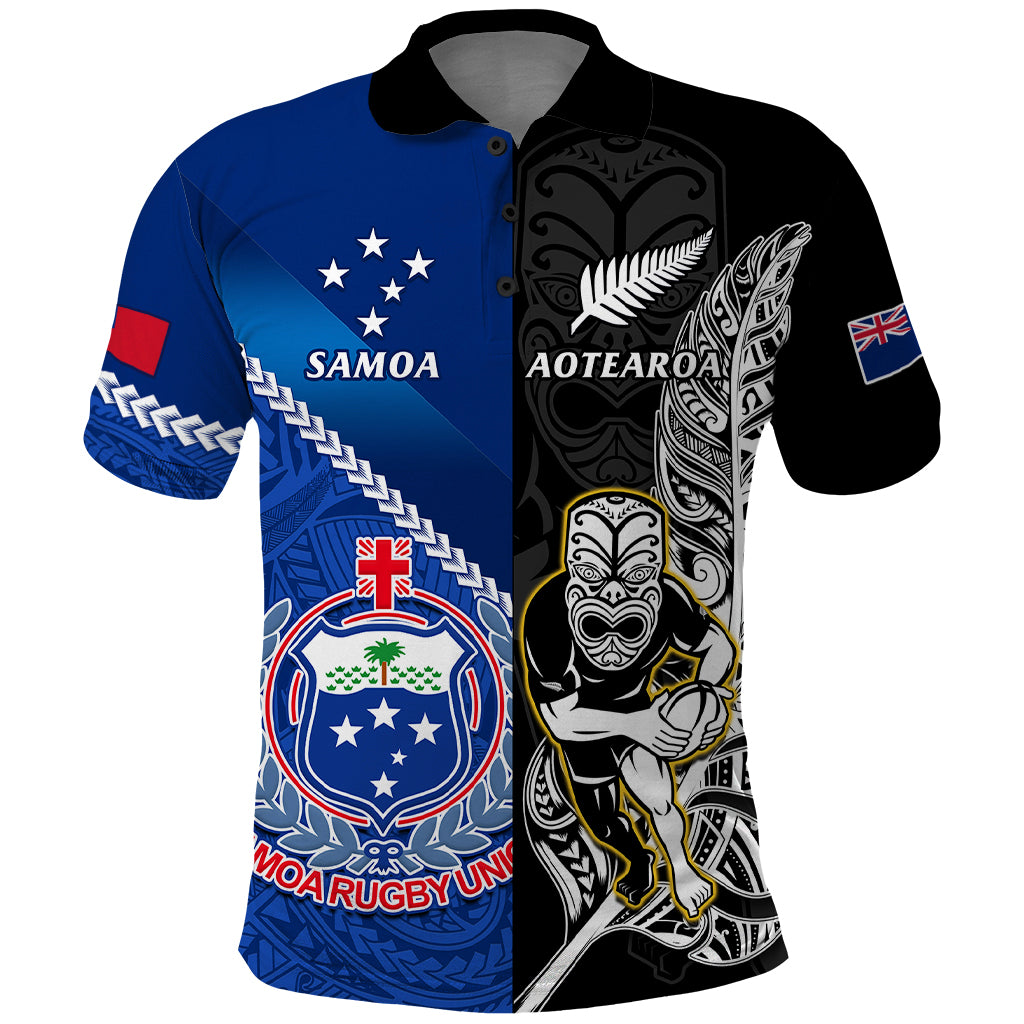 Custom New Zealand And Samoa Rugby Polo Shirt All Black Tiki Fern Mix Manu Samoa 2023 World Cup LT14 Black - Polynesian Pride