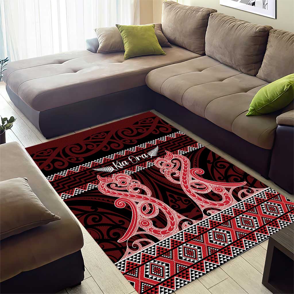 Kia Ora New Zealand Area Rug Maori Language Week Whero Taniko Motif - Polynesian Pride