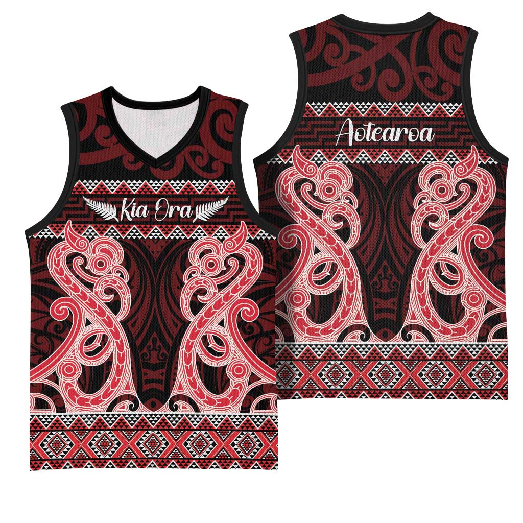 Kia Ora New Zealand Basketball Jersey Maori Language Week Whero Taniko Motif - Polynesian Pride