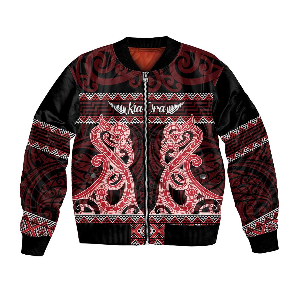 Kia Ora New Zealand Bomber Jacket Maori Language Week Whero Taniko Motif - Polynesian Pride