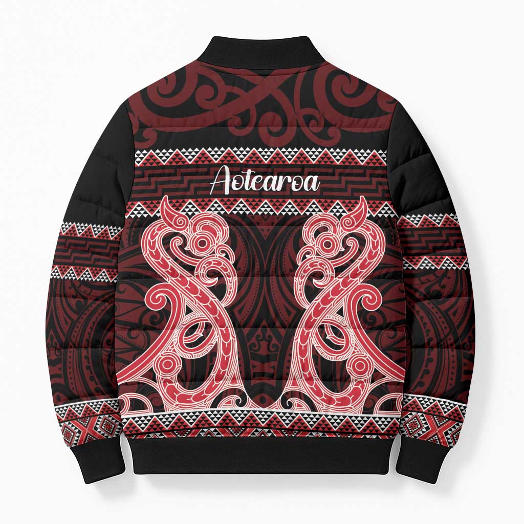 Kia Ora New Zealand Bomber Puffer Jacket Maori Language Week Whero Taniko Motif - Polynesian Pride