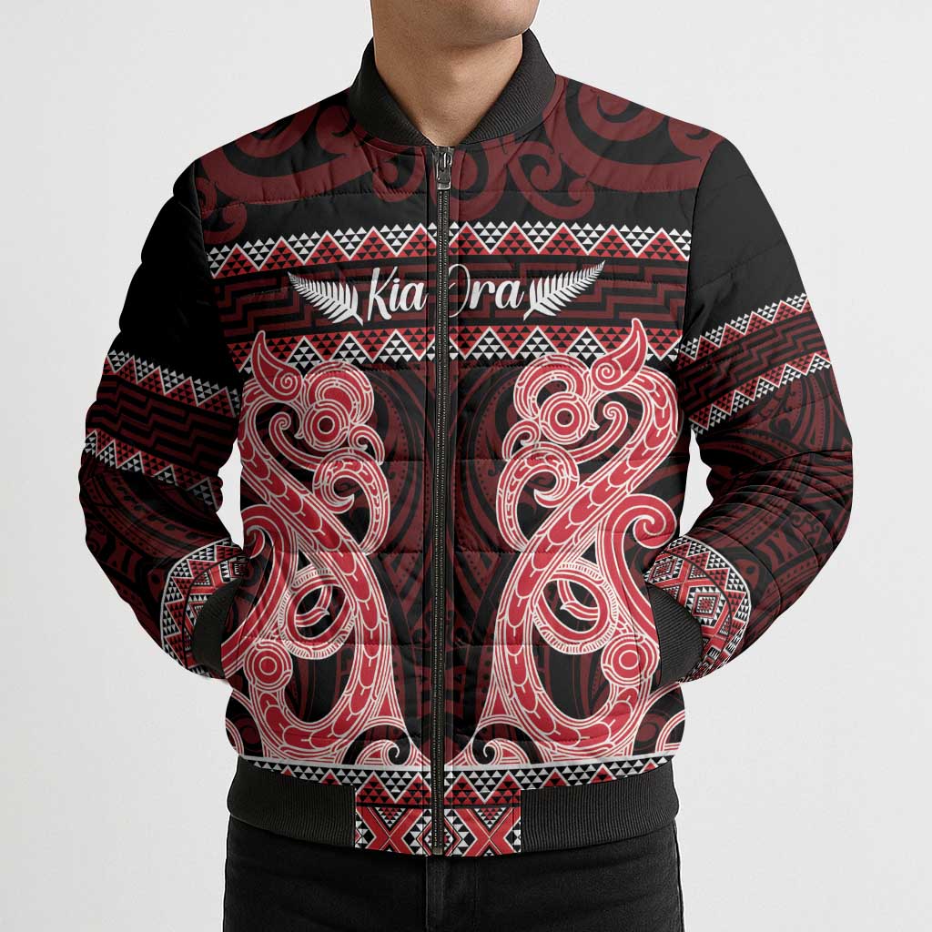 Kia Ora New Zealand Bomber Puffer Jacket Maori Language Week Whero Taniko Motif - Polynesian Pride