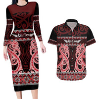 Kia Ora New Zealand Couples Matching Long Sleeve Bodycon Dress and Hawaiian Shirt Maori Language Week Whero Taniko Motif - Polynesian Pride