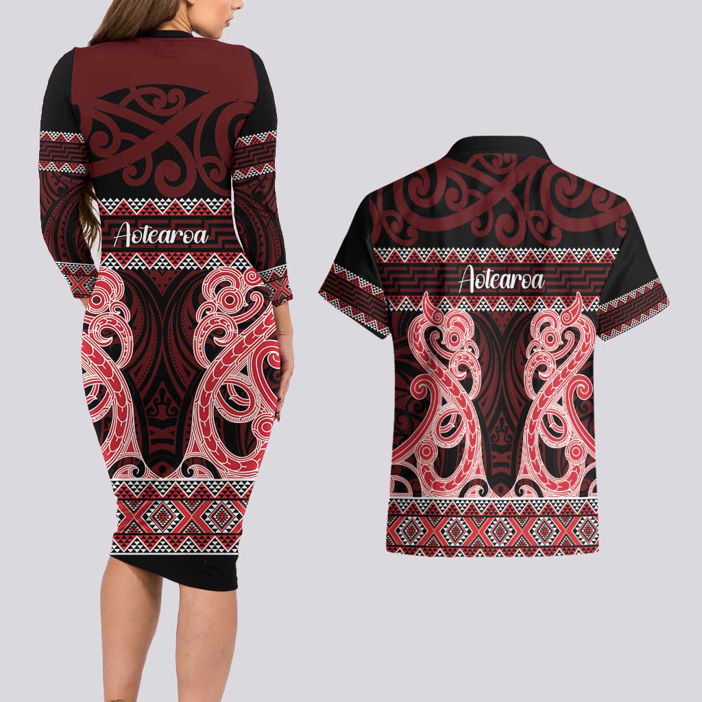 Kia Ora New Zealand Couples Matching Long Sleeve Bodycon Dress and Hawaiian Shirt Maori Language Week Whero Taniko Motif - Polynesian Pride