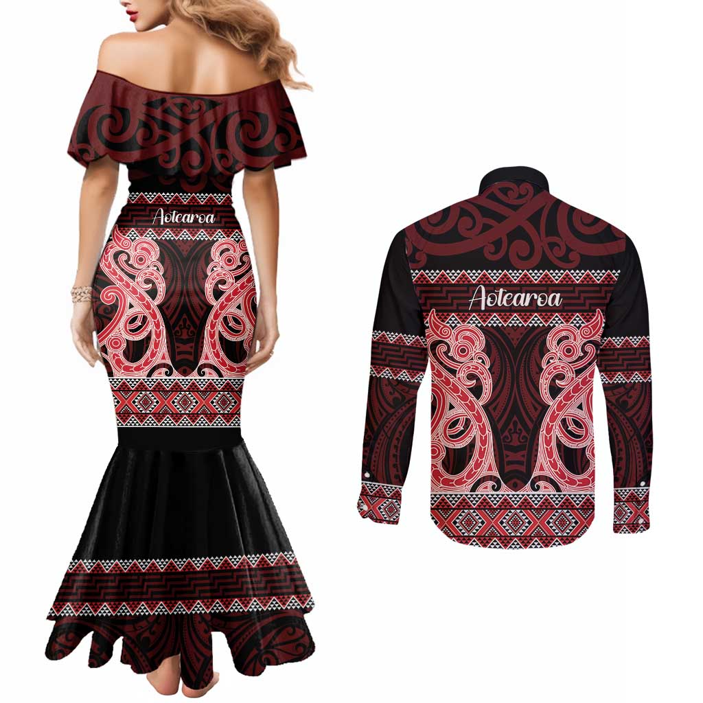 Kia Ora New Zealand Couples Matching Mermaid Dress and Long Sleeve Button Shirt Maori Language Week Whero Taniko Motif - Polynesian Pride