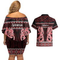 Kia Ora New Zealand Couples Matching Off Shoulder Short Dress and Hawaiian Shirt Maori Language Week Whero Taniko Motif - Polynesian Pride