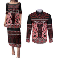Kia Ora New Zealand Couples Matching Puletasi and Long Sleeve Button Shirt Maori Language Week Whero Taniko Motif - Polynesian Pride