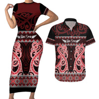 Kia Ora New Zealand Couples Matching Short Sleeve Bodycon Dress and Hawaiian Shirt Maori Language Week Whero Taniko Motif - Polynesian Pride