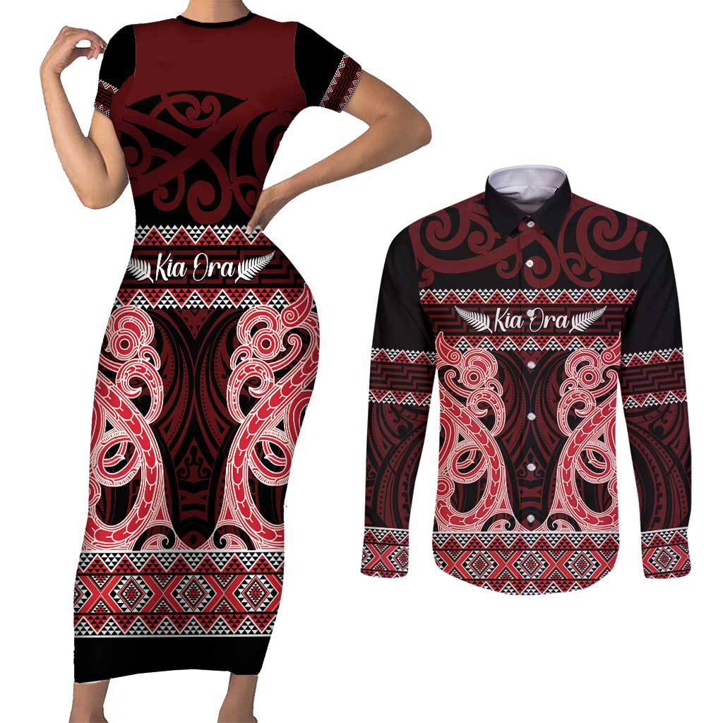 Kia Ora New Zealand Couples Matching Short Sleeve Bodycon Dress and Long Sleeve Button Shirt Maori Language Week Whero Taniko Motif - Polynesian Pride