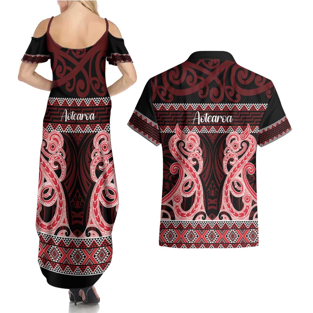 Kia Ora New Zealand Couples Matching Summer Maxi Dress and Hawaiian Shirt Maori Language Week Whero Taniko Motif - Polynesian Pride