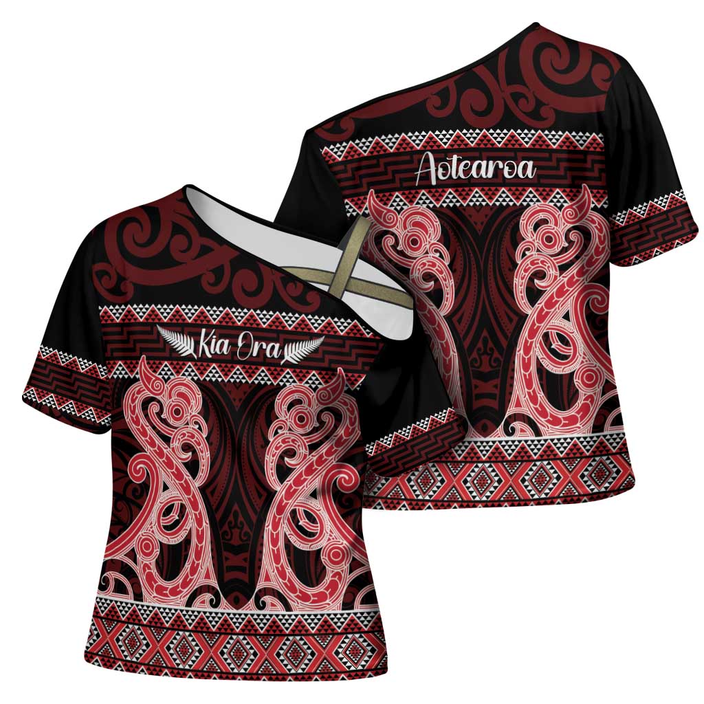 Kia Ora New Zealand Cross Shoulder Shirt Maori Language Week Whero Taniko Motif - Polynesian Pride