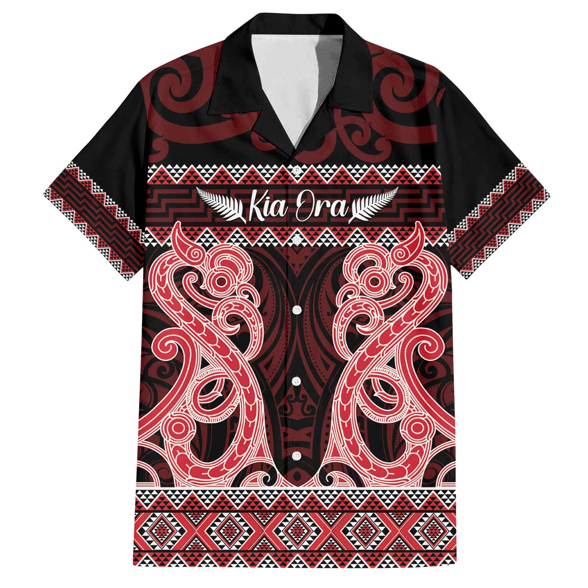 Kia Ora New Zealand Family Matching Off The Shoulder Long Sleeve Dress and Hawaiian Shirt Maori Language Week Whero Taniko Motif - Polynesian Pride