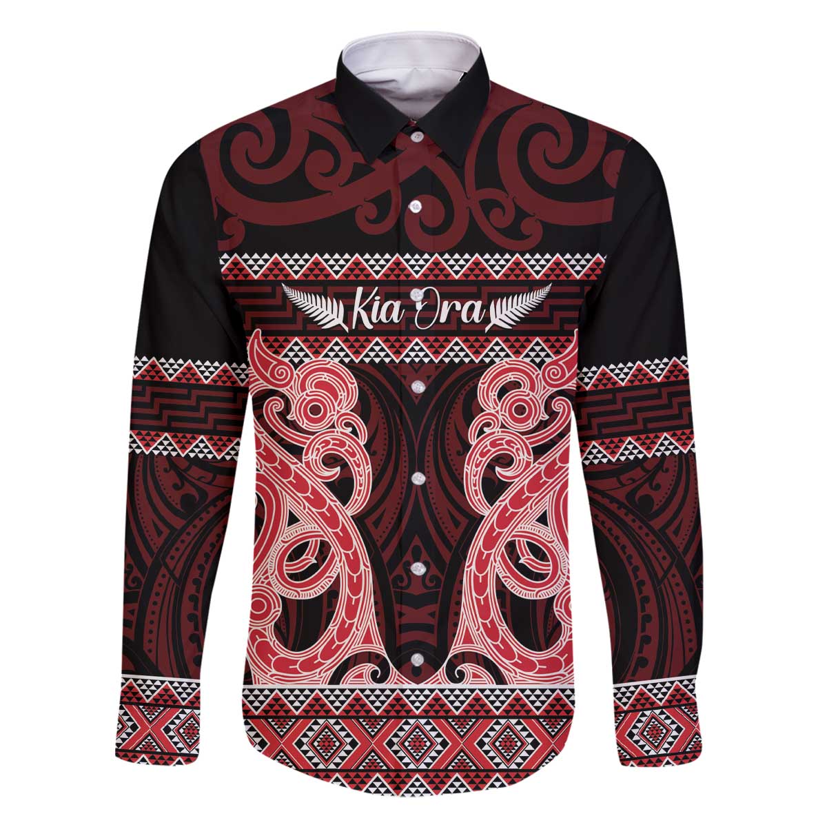 Kia Ora New Zealand Family Matching Off The Shoulder Long Sleeve Dress and Hawaiian Shirt Maori Language Week Whero Taniko Motif - Polynesian Pride