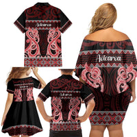Kia Ora New Zealand Family Matching Off Shoulder Short Dress and Hawaiian Shirt Maori Language Week Whero Taniko Motif - Polynesian Pride